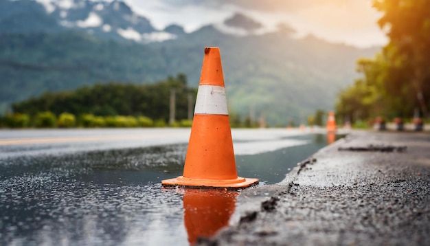 a photograph of a roadcone on a wet road